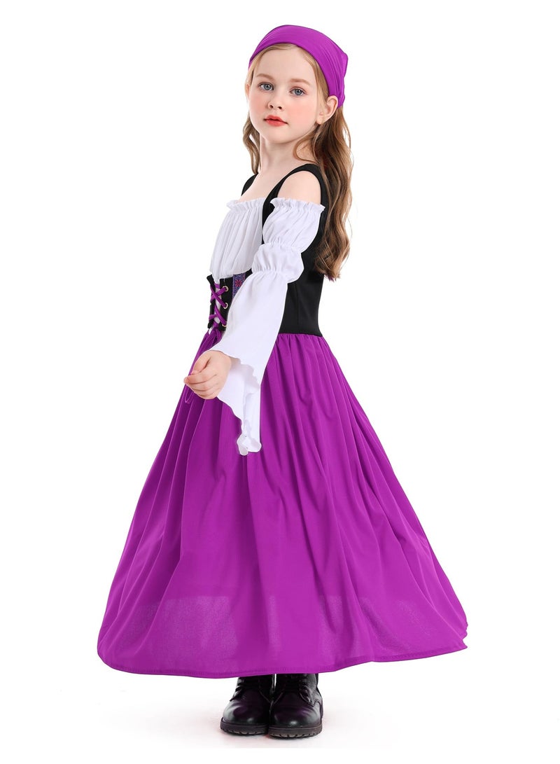 نيبمينينت Renaissance Medieval Princess Costume Dress for Girls | Victorian Bell Sleeve Off-Shoulder Gown with Headband | Fancy Dress-Up for Halloween, Cosplay, Themed Parties (Ages 4-16 Years) - Image 3